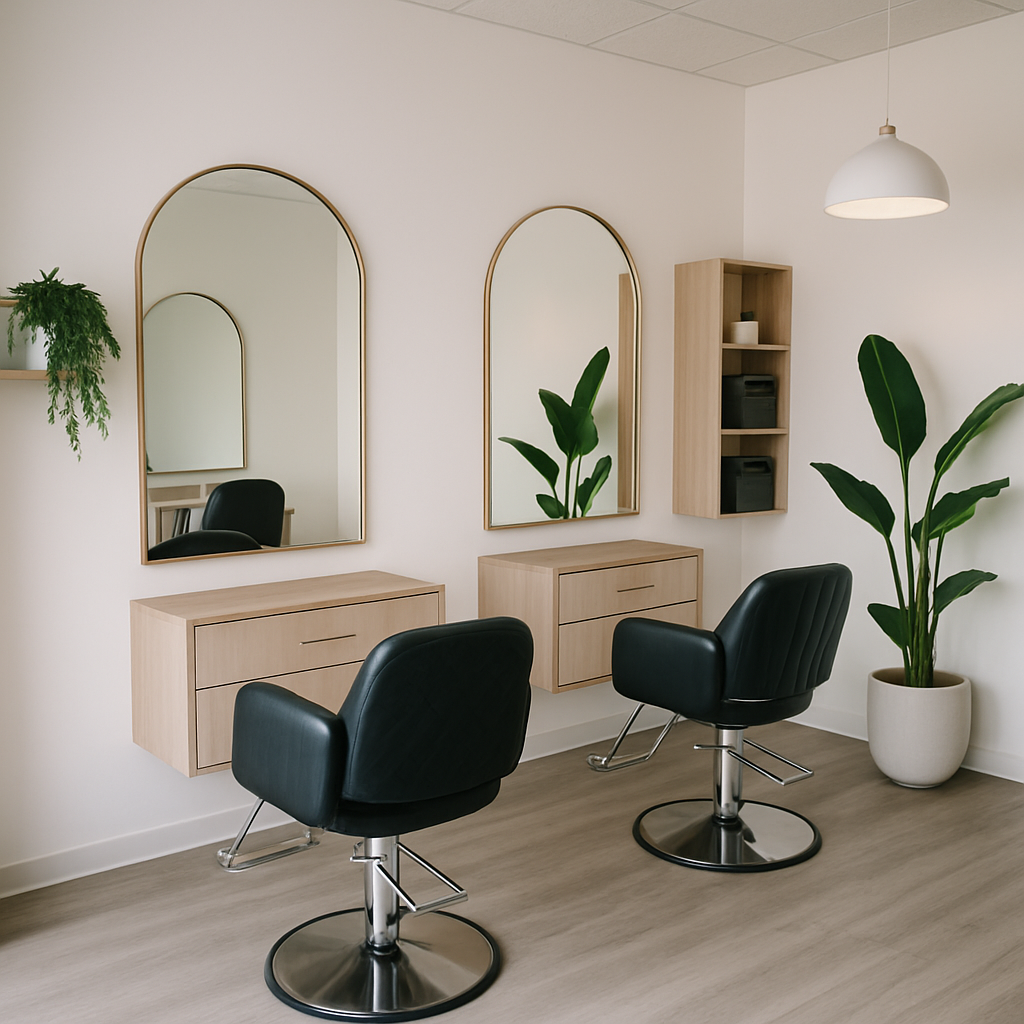 Salon suite interior with modern decor and styling stations