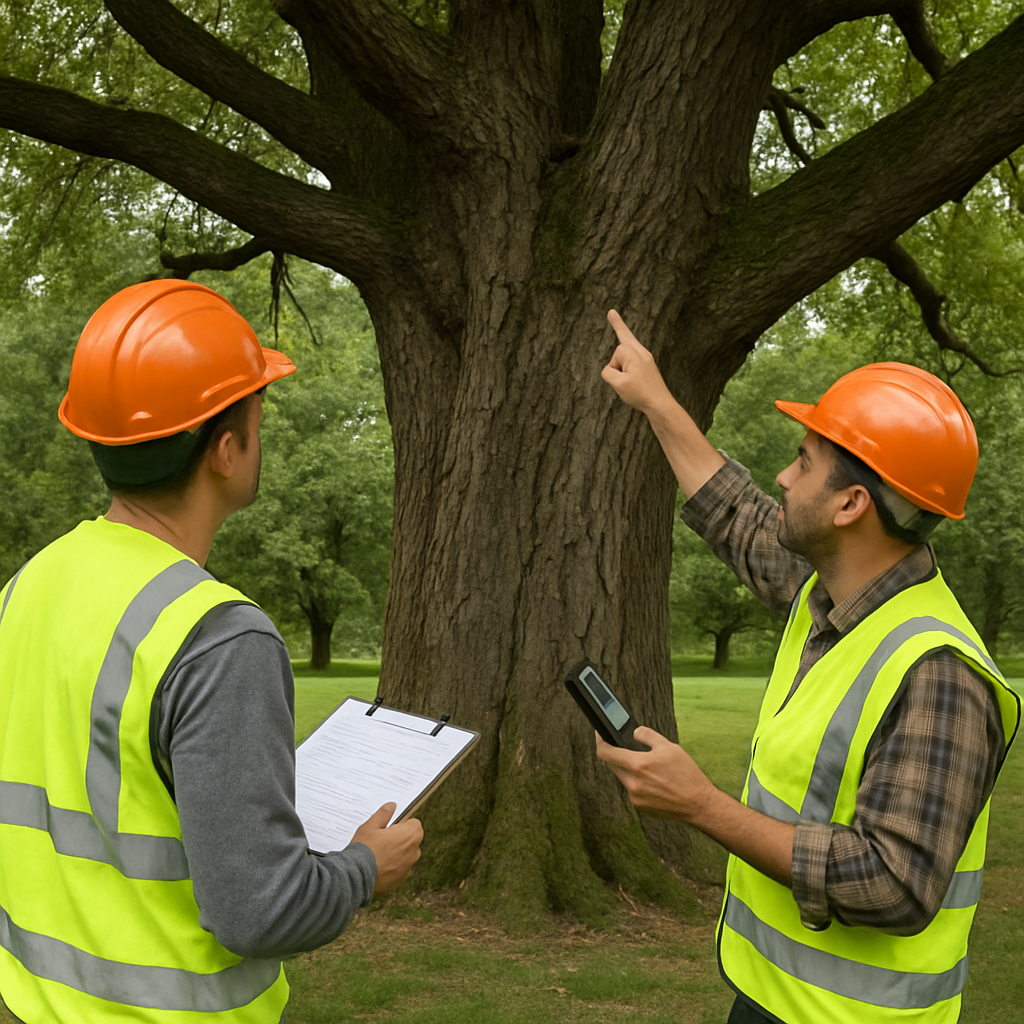 Tree service experts assessing a large tree