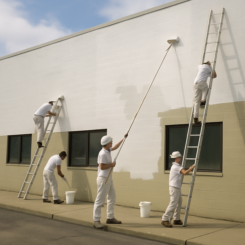 A team of painters applying paint to a commercial building's exterior