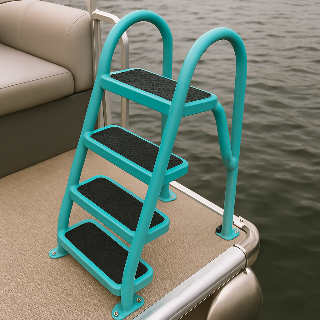 Close-up of an aqua step ladder on a pontoon boat