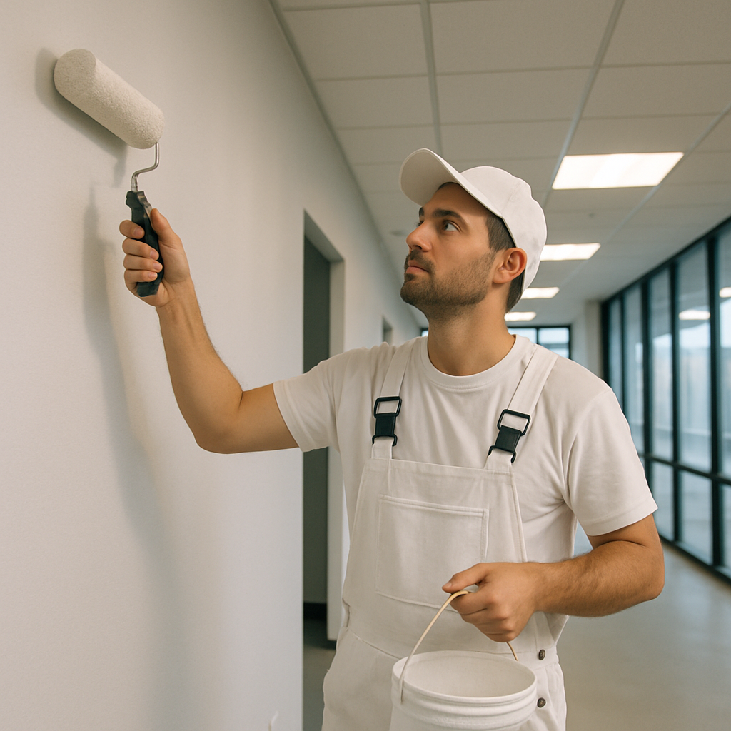 A professional painter working on a commercial building interior