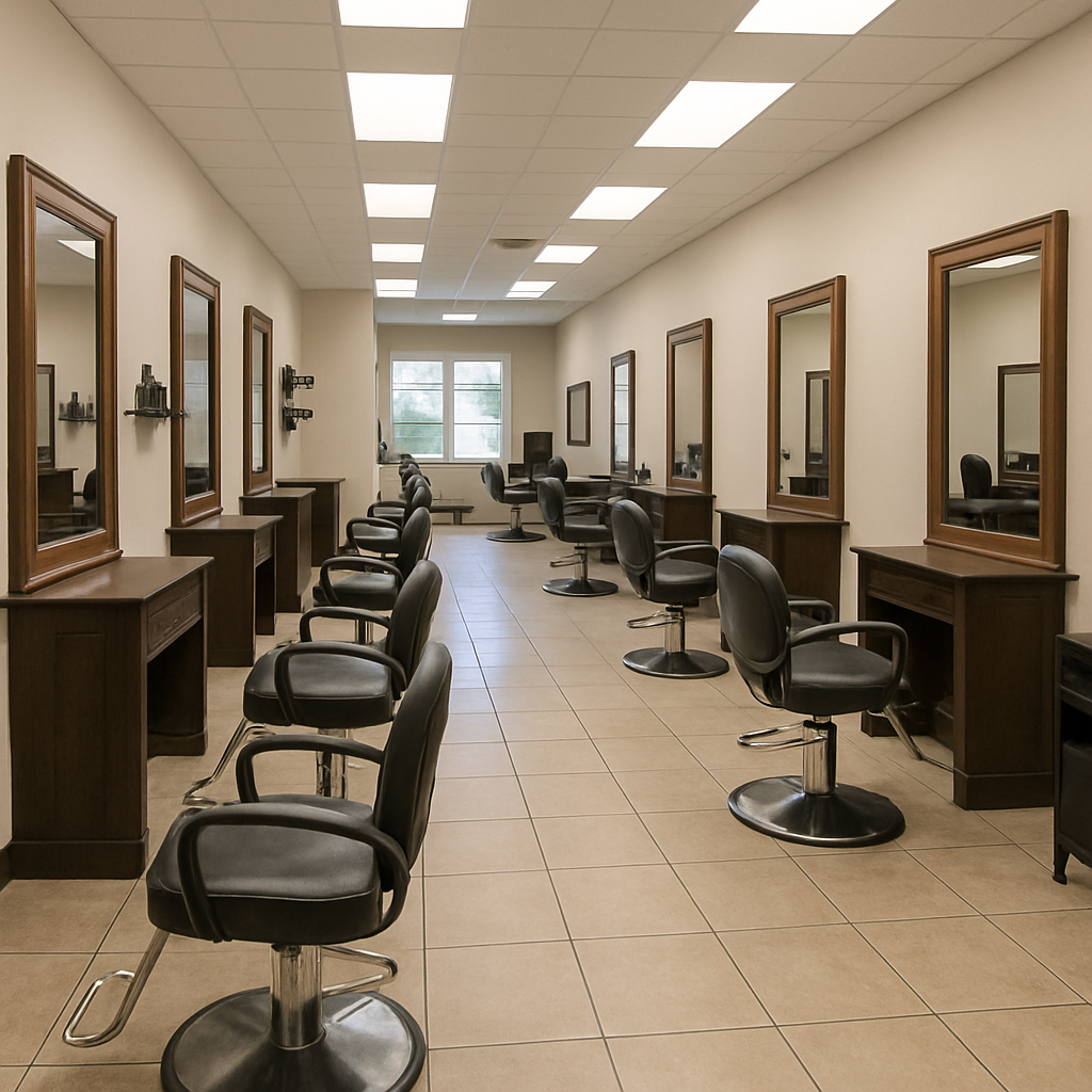 Traditional salon space with open floor plan and multiple stations
